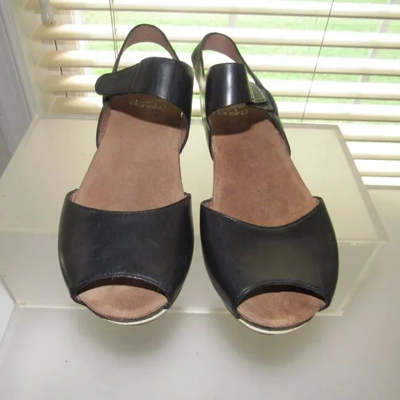 Dansko Vera Black Leather Peep-Toe Slingback Wedge Sandals Size 36 (US 5.5 - 6) - Picture 4 of 10